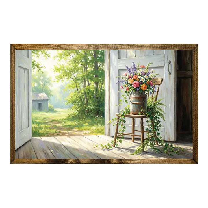 Oil Painting Floral Metal Can in Barn