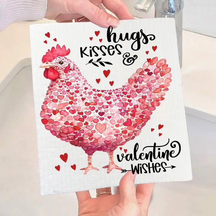 Valentine Chicken Hugs Kisses Swedish Dishcloth