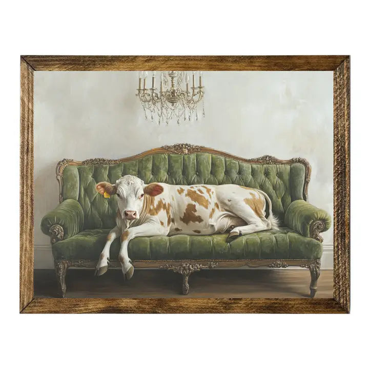 Cow Relaxing On Green Vintage Sofa Rustic