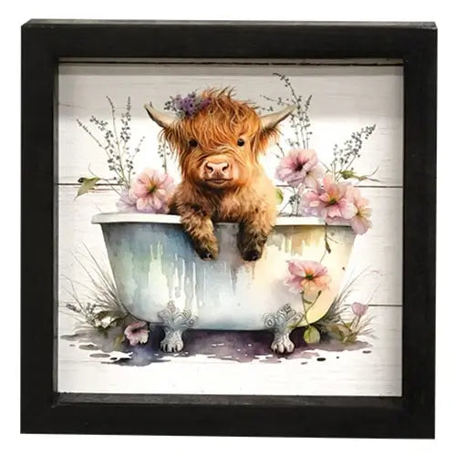 Baby Tubby Highland Cow with Pink Flowers Shadowbox Frame