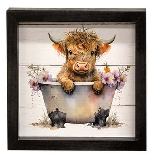 Baby Tubby Highland Cow with Purple Flowers Shadowbox Frame
