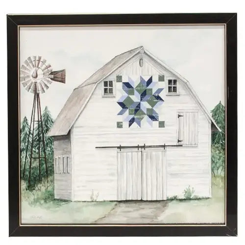 Blue and Green Tumbling Block Quilt Barn Framed Print