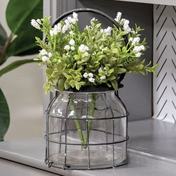 Glass Jar In Black Metal Carrier - 6.75" Dia. x 7"H