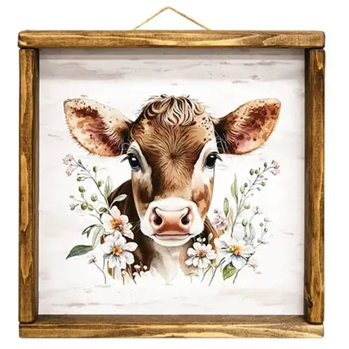 Pretty Cow with Flowers in a Framed 12 inch x 12 inch Box Frame