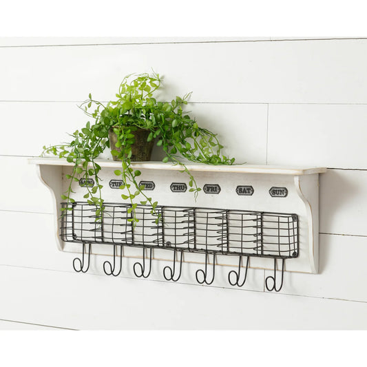 Weekly Wall Organizer Shelf with Baskets and Hooks