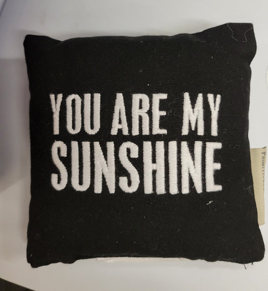 Small black cotton pillow with white embroidered lettering reads you are my sunshine