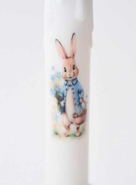Bunny Holding Blue Flowers Led Timer Taper Candle
