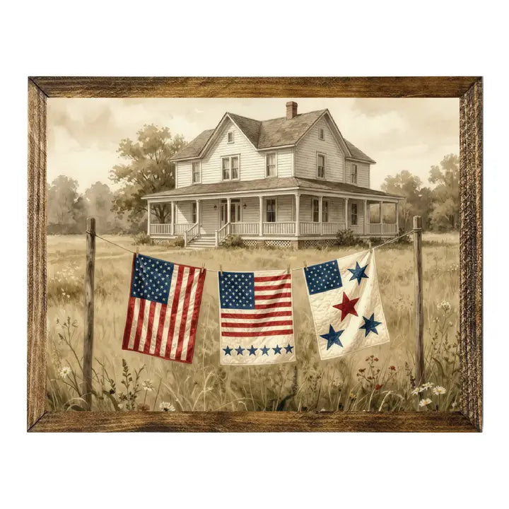 Farmhouse with Red White Blue Yard Flags