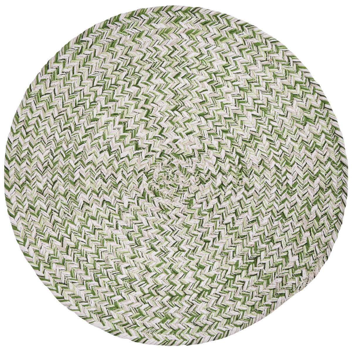 white background shows a round placemat woven in shades of green and white