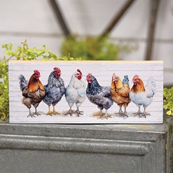 block shelf sitter with a white board background and 6 colorful chickens in a row
