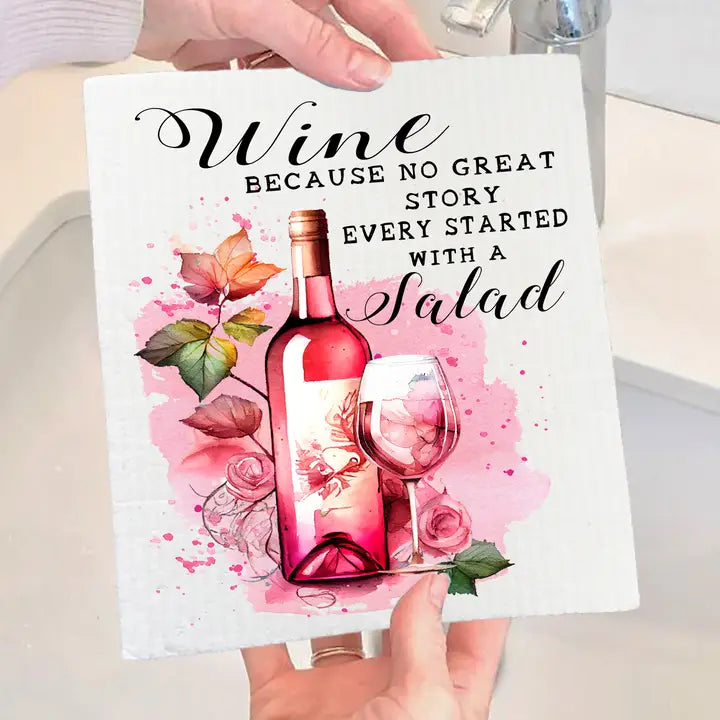 Wine No Story Starts with Salad Funny Swedish Dish Cloth