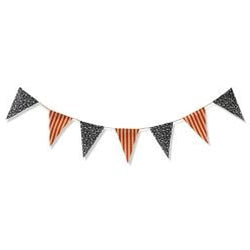 fabric pennant garland, 2 blue floral triangles, 1 red and tan stripe triangle