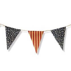 fabric pennant garland, 2 blue floral triangles, 1 red and tan stripe triangle