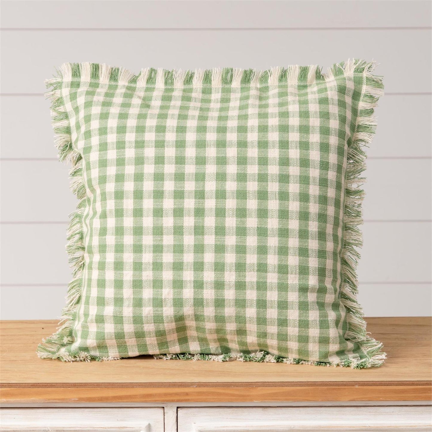 18 Inch Green Check Square Farmhouse Pillow with Fringe