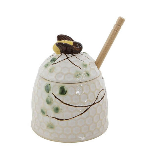 Ceramic Bee Hive Honey Jar with Wood Dipper