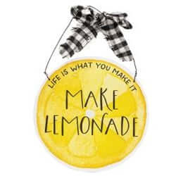 round make lemonade sign with wire hanger and black and white check fabric ribbon