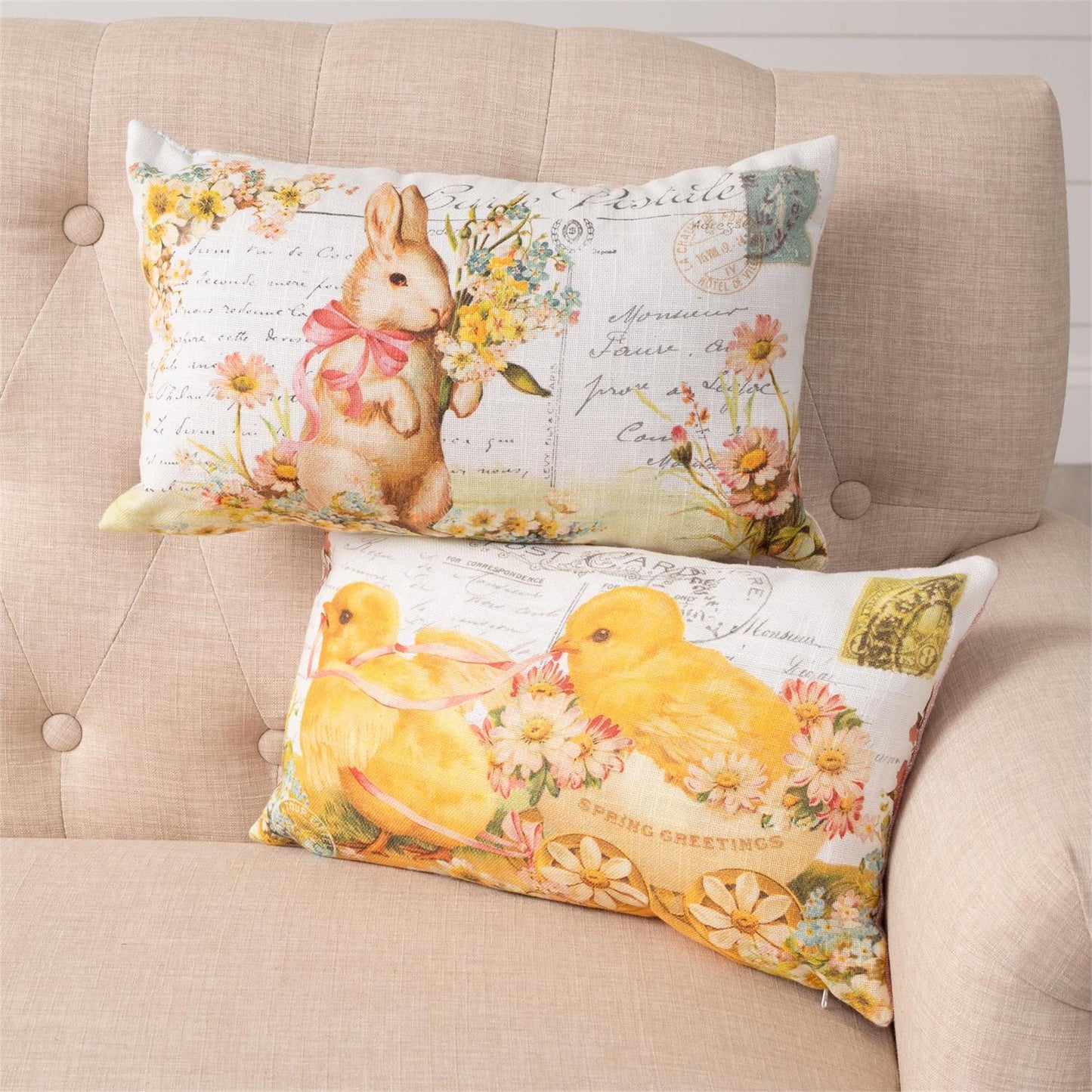 Rabbit & Chicks Vintage Postcard Pillow