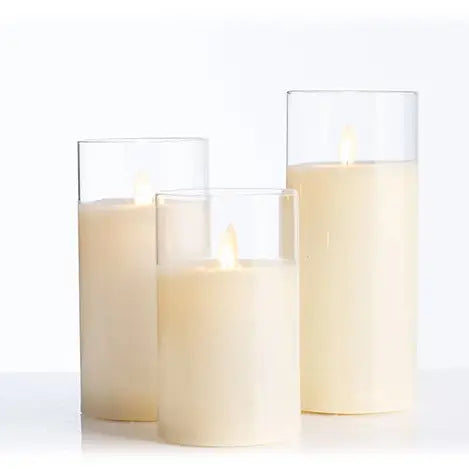 Set of 3 LED Moving Flame Candle in Glass Cylinder with Timer and Remote