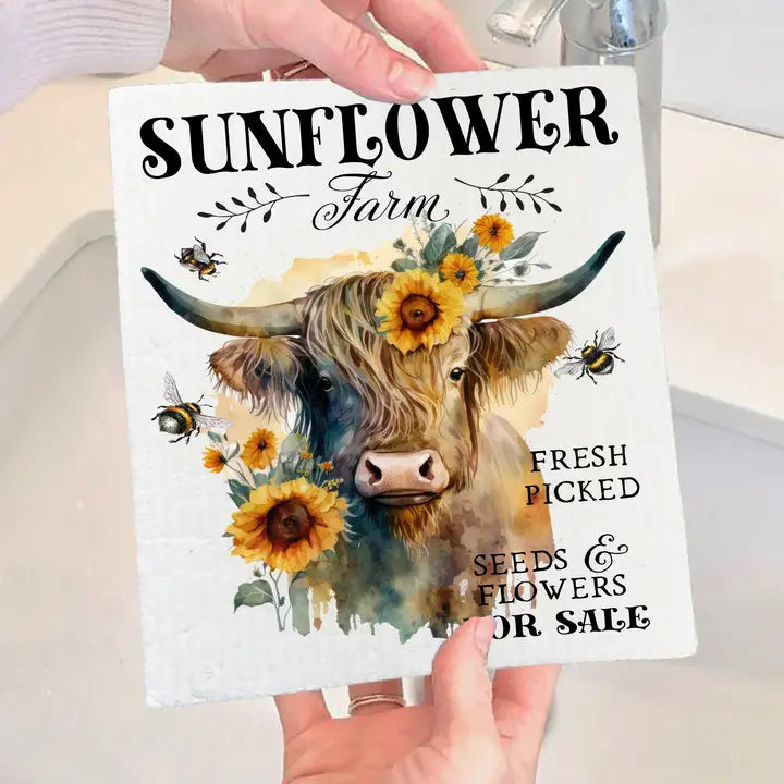 Swedish Dish Cloth: Highland Cow Sunflower Farm