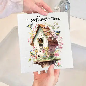 Swedish Dish Cloth: Welcome Bird House with Flowers