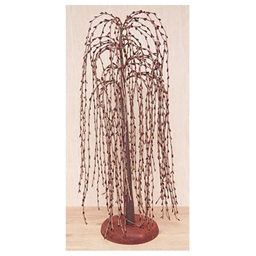 Willow tree on wood base with burgundy seed berries on the drooping branches.