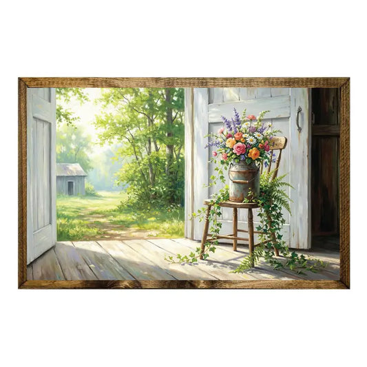 Oil Painting Floral Metal Can in Barn