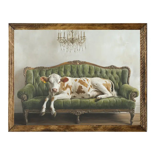 Cow Relaxing On Green Vintage Sofa Rustic