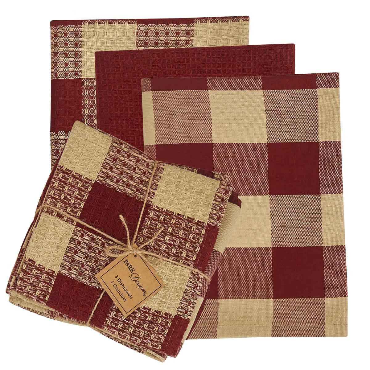Wicklow Check 3 Dishtowel-1 Dishcloth Set - Garnet