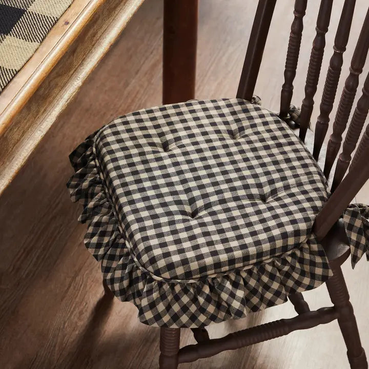 Black Tan Check Ruffled Farmhouse Country Chair Pad W Ties