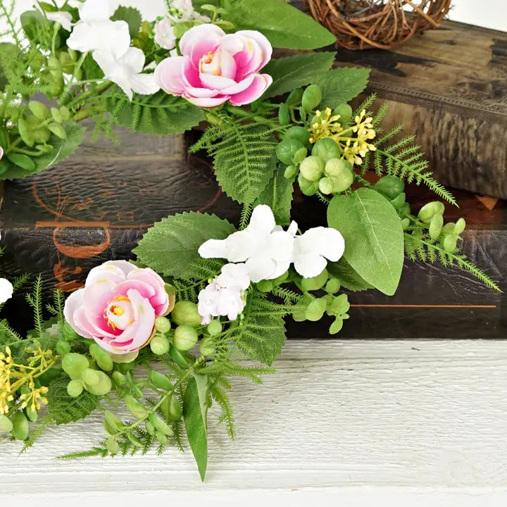 Pink and Cream Ranunculus with Ferns Wreath 6.5" Center