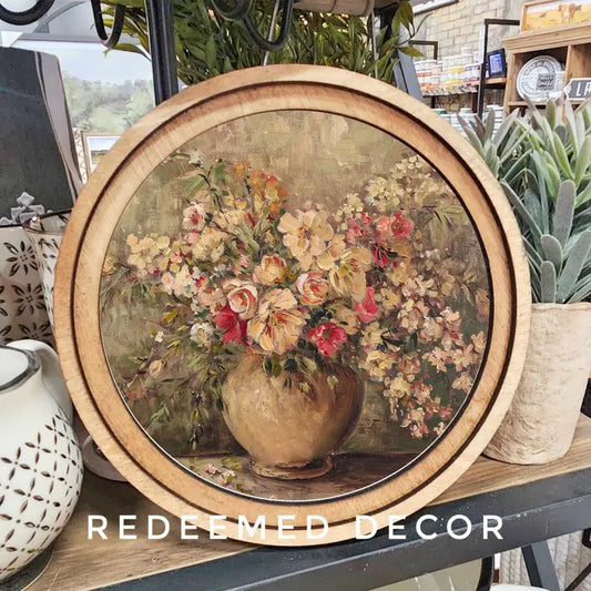 8" Round Rustic Floral Vase Art
