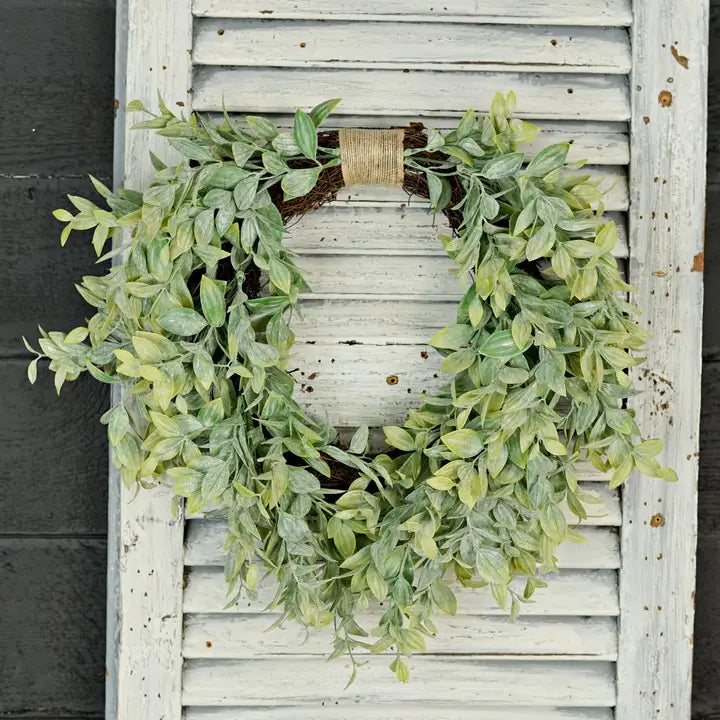 18 inch Heart Wreath-Flocked Evergreen Ash Leaves