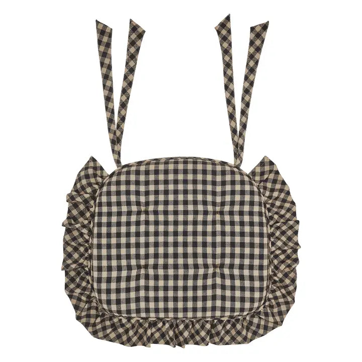 Black Tan Check Ruffled Farmhouse Country Chair Pad W Ties