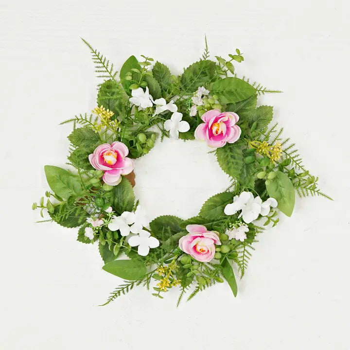 Pink and Cream Ranunculus with Ferns Wreath 6.5" Center