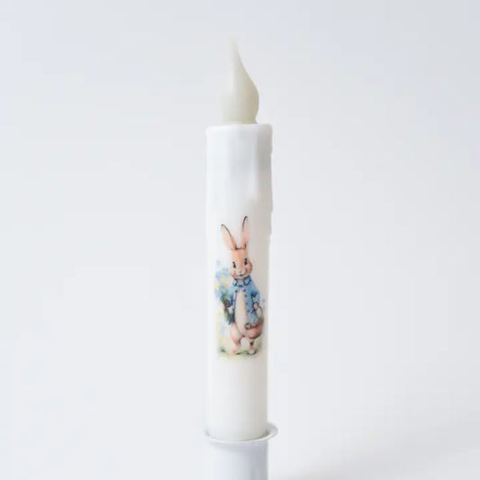Bunny Holding Blue Flowers Led Timer Taper Candle