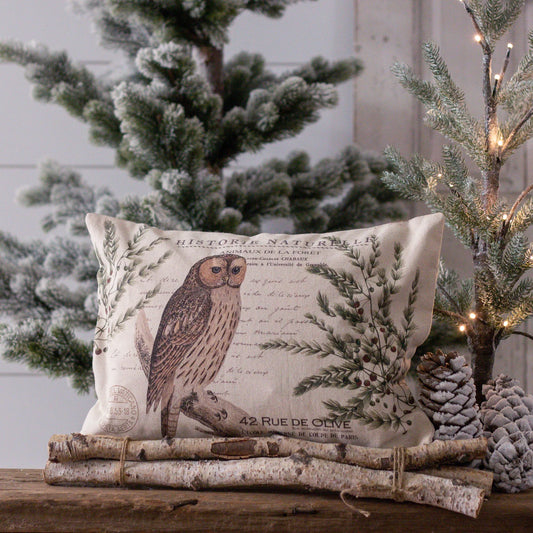 printed cream pillow with an owl surrounded by pine branches. Lettering says Histoire Naturelle