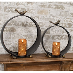 Round Black Metal Bird Topped Pillar Lanterns