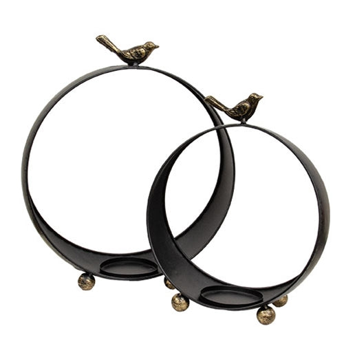 Round Black Metal Bird Topped Pillar Lanterns