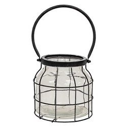Glass Jar In Black Metal Carrier - 6.75" Dia. x 7"H