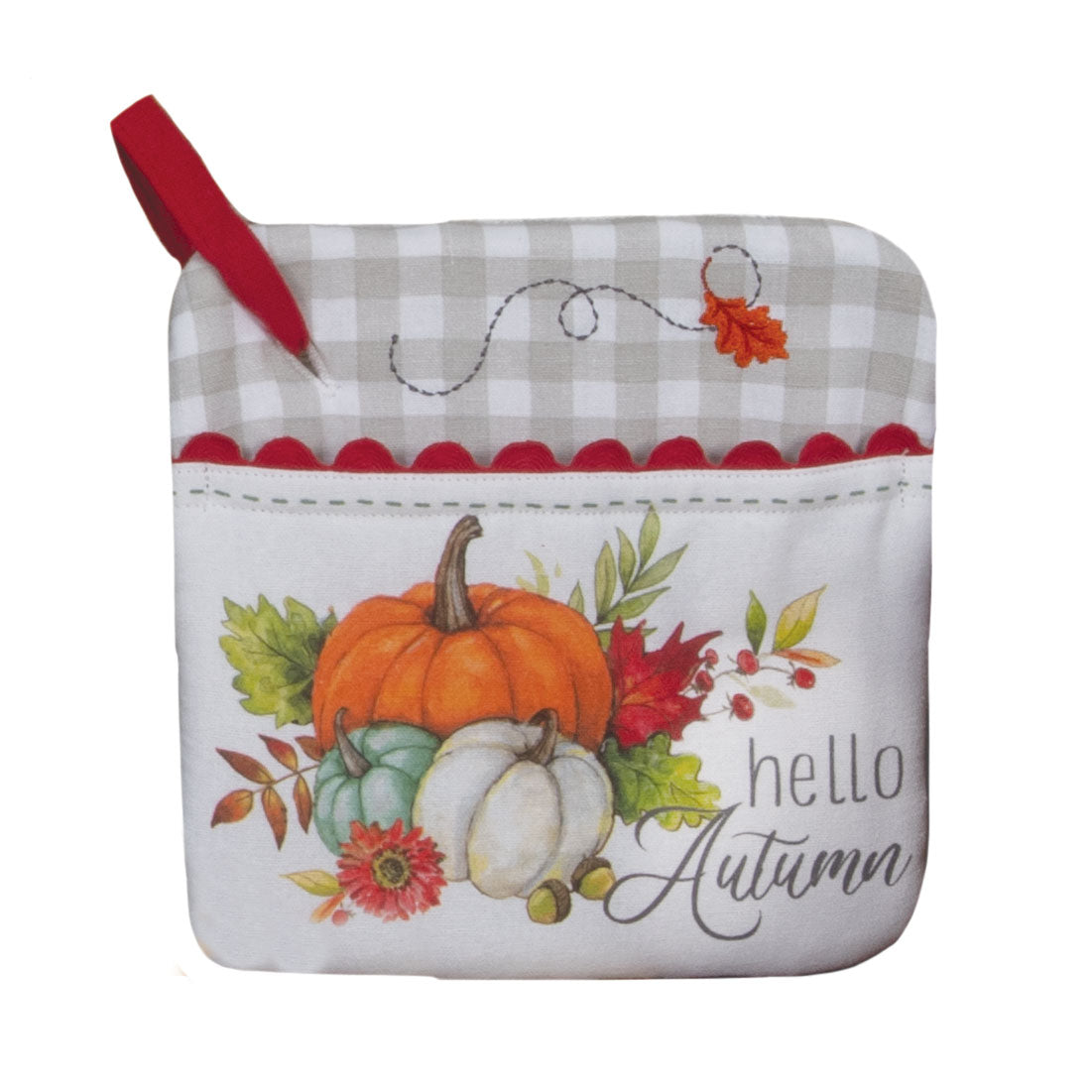 padded potholder mitt with a picture of pumpkins and leaves, says Hello Autumn