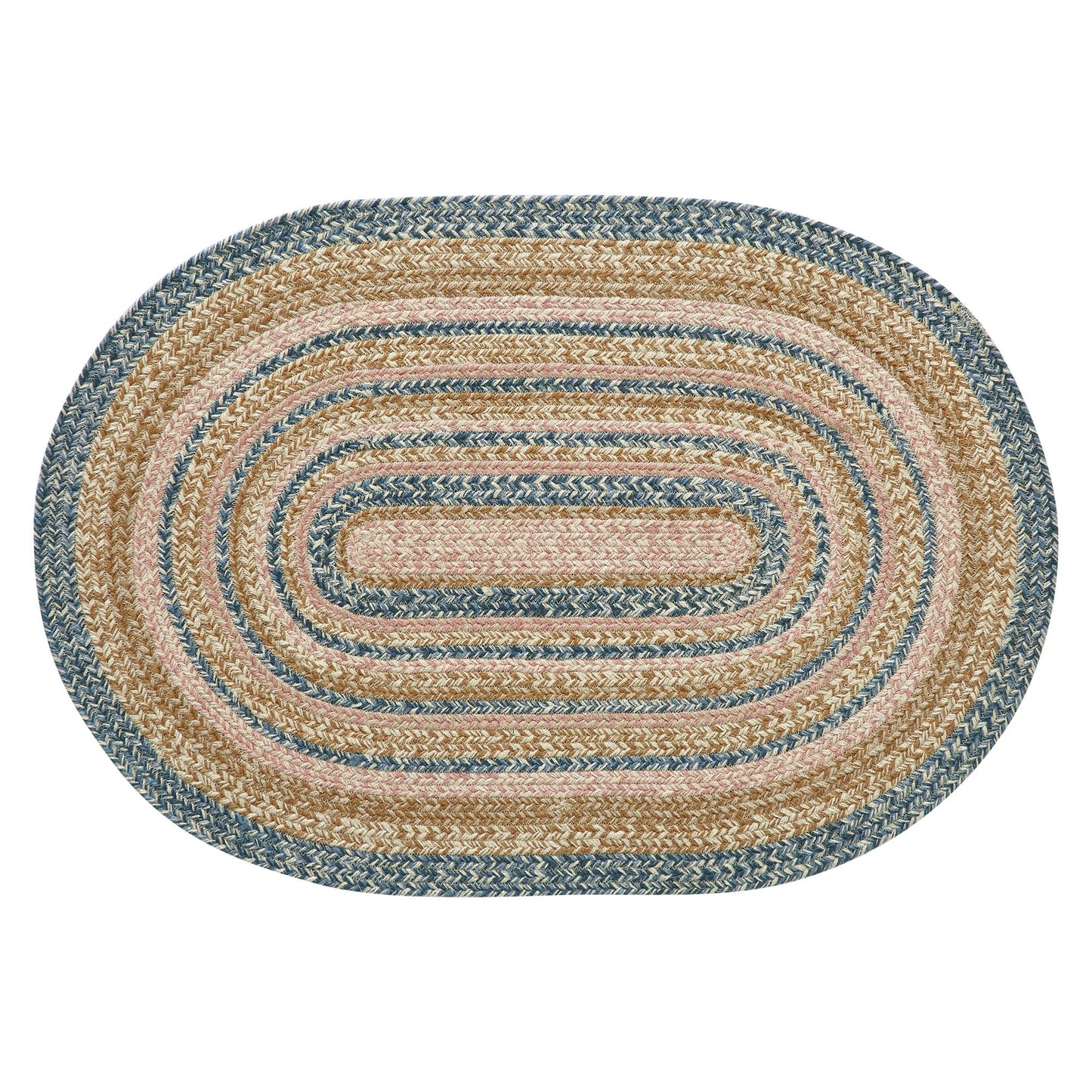 oval braided rug with colors of blue, gold, pink, and cream. 