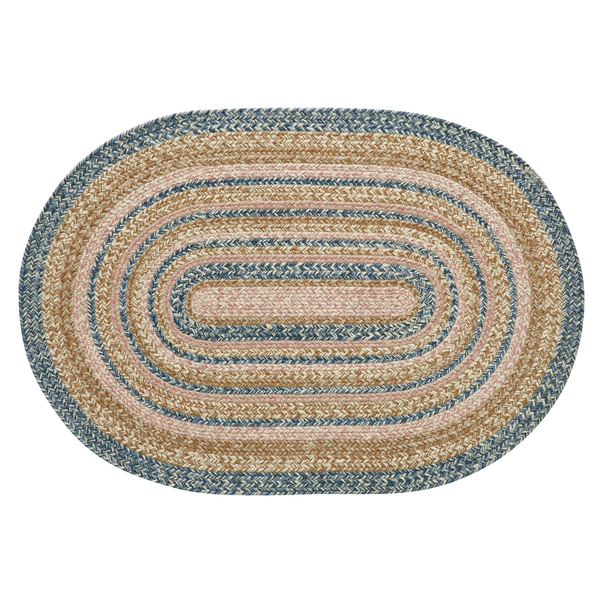 oval braided rug with colors of blue, gold, pink, and cream. 