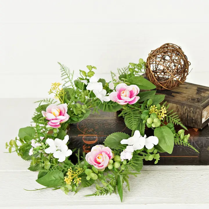 Pink and Cream Ranunculus with Ferns Wreath 6.5" Center