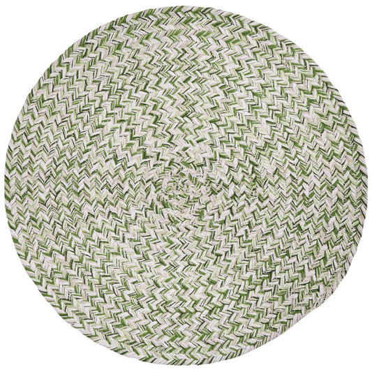 white background shows a round placemat woven in shades of green and white