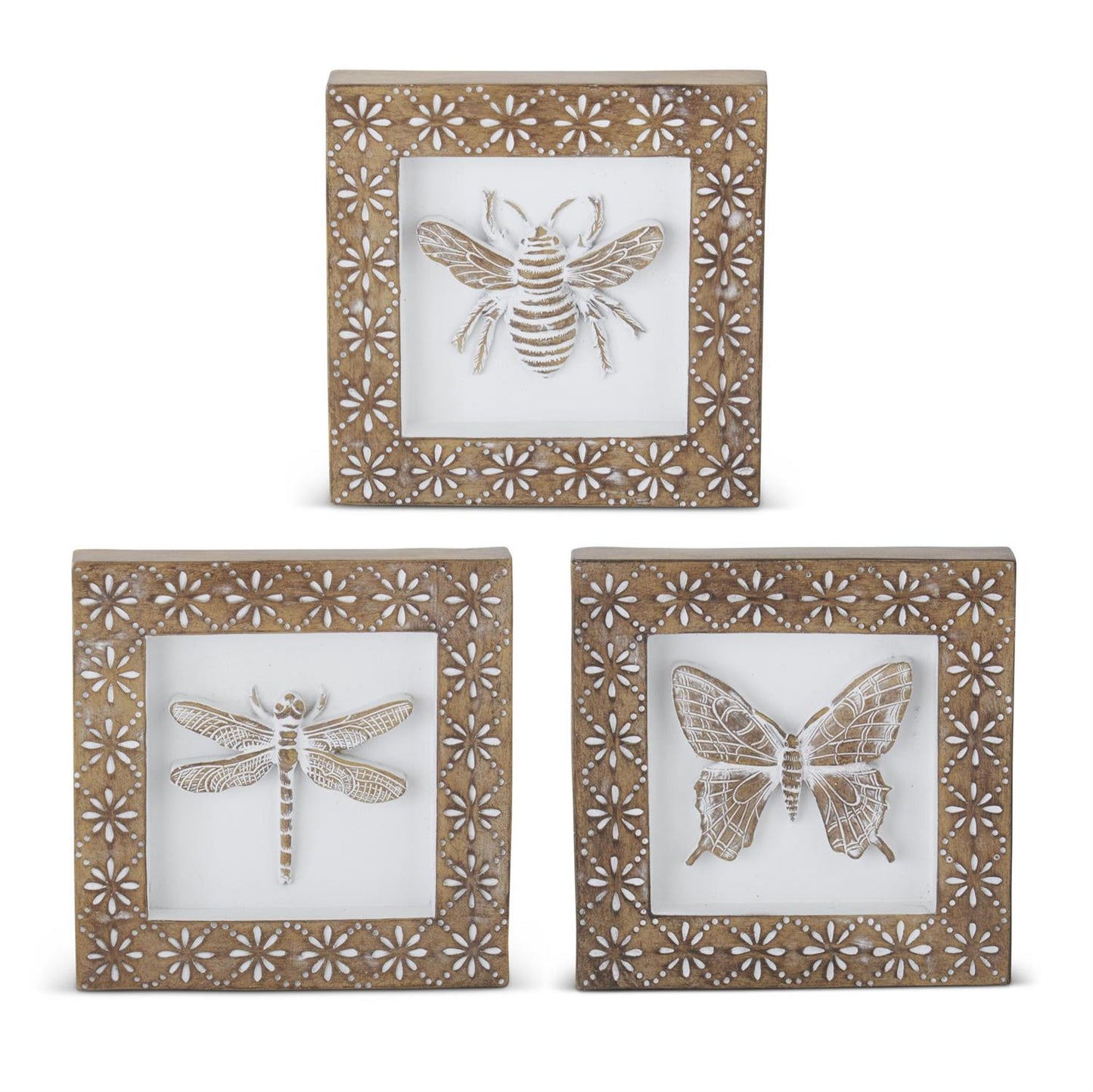 Whitewashed Carved Resin Insect Shadow Box