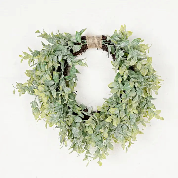 18 inch Heart Wreath-Flocked Evergreen Ash Leaves