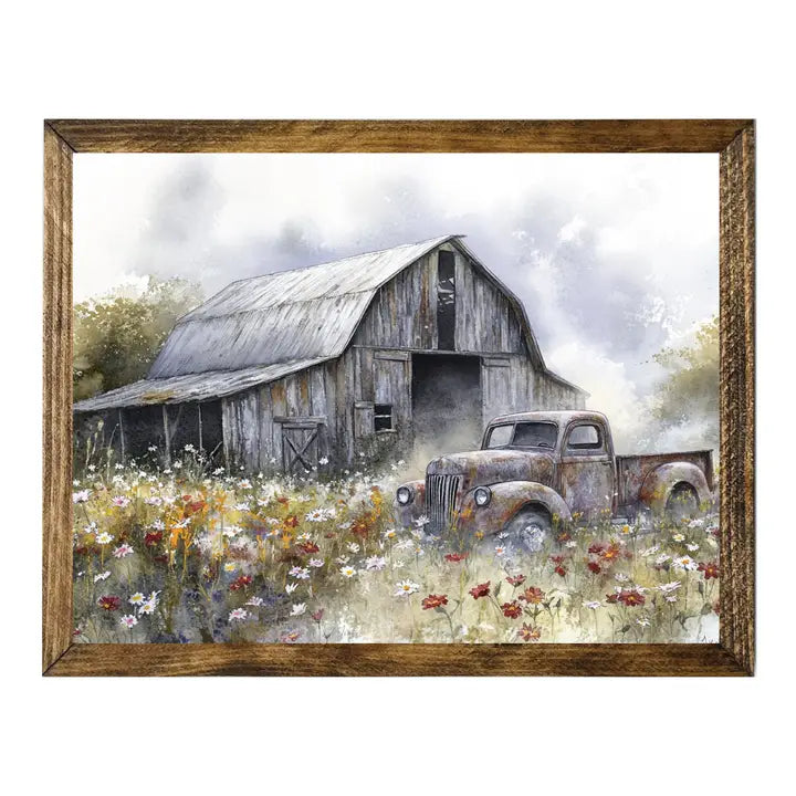Barn and Vintage Truck in Wildflower Field
