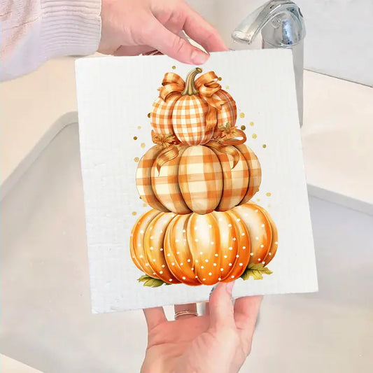 Fall Autumn Orange Checkered Pumpkins Swedish Dish Cloth