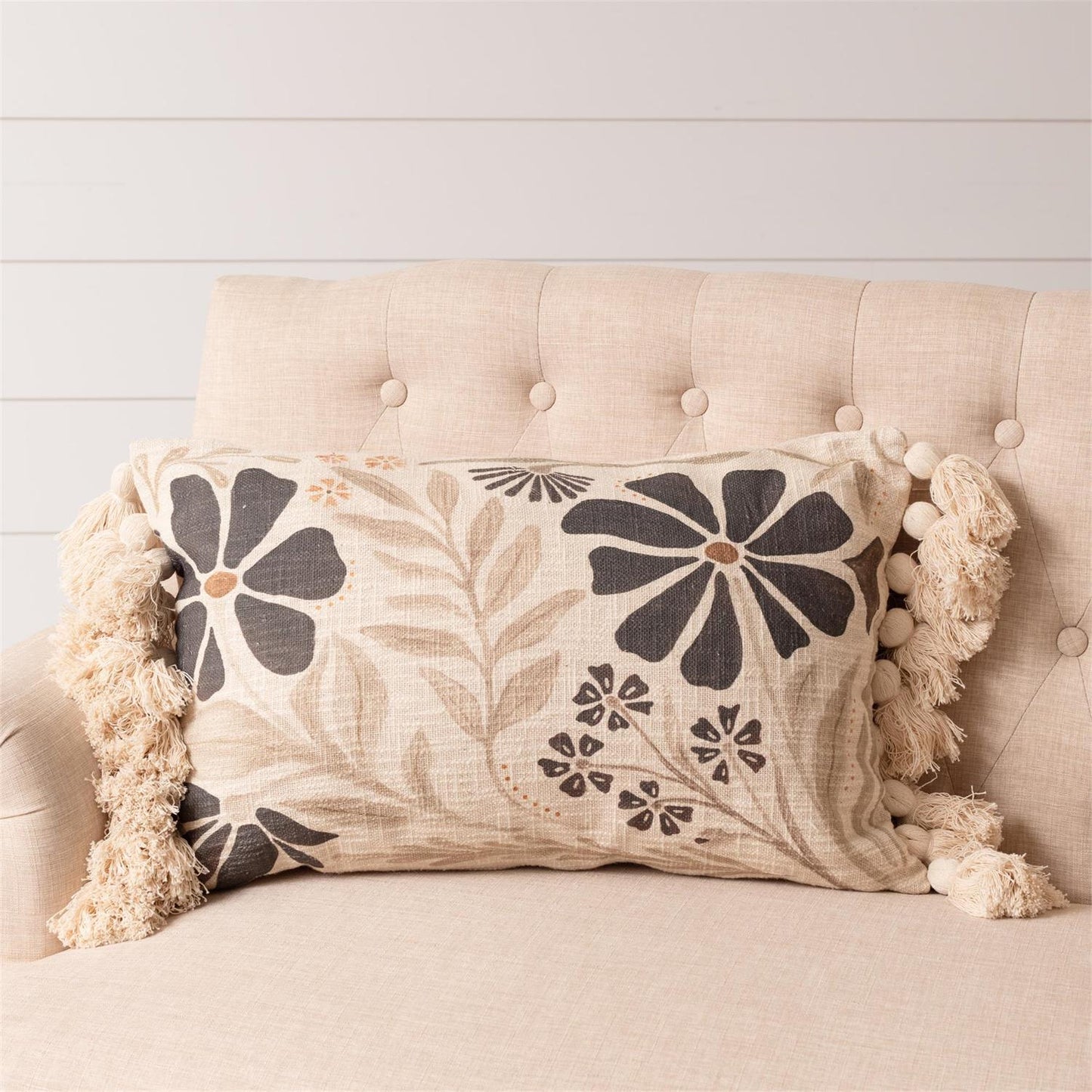 Modern Botanical Print Farmhouse Lumbar Pillow with Fringe