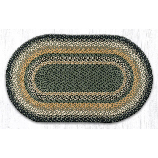 white background with oval rug in black, mustard, and green